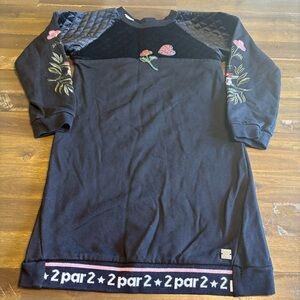 Deux Par Deux Black Long Sleeve Dress Embroidered Flowers Quilted Velvet 6 116